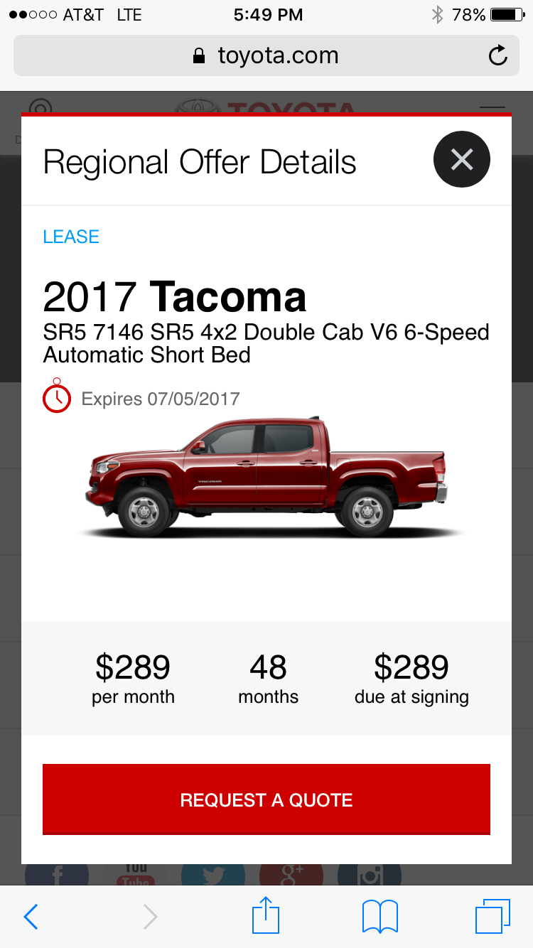 Leased 2017 Toyota Tacoma 320 A Month Share A Deal Leasehackr Forum
