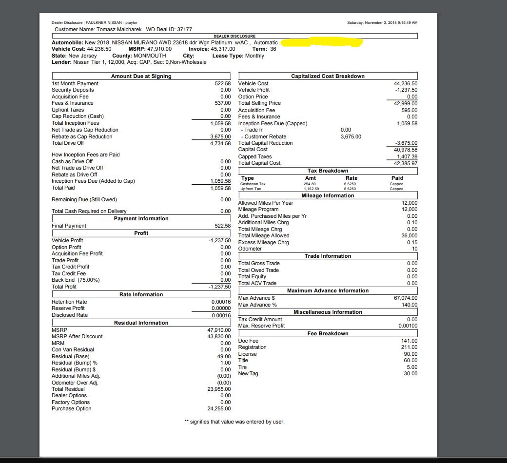 2018 NISSAN MURANO PLATINUM - Lease quote help - values differ in ...